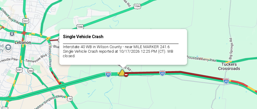 LiveTraffic2's tweet photo. Wilson County/Lebanon Area- A crash being cleared on I-40 westbound at 241 mm 1:33pm CT. https://t.co/5uK3es08Su #CommanderChuck #Nashville #Knoxville #Tennessee #TDOT #Traffic #TrafficAlert #Gas #Travel #Live #THP #Weather #Follow https://t.co/DHiOKDnUvi