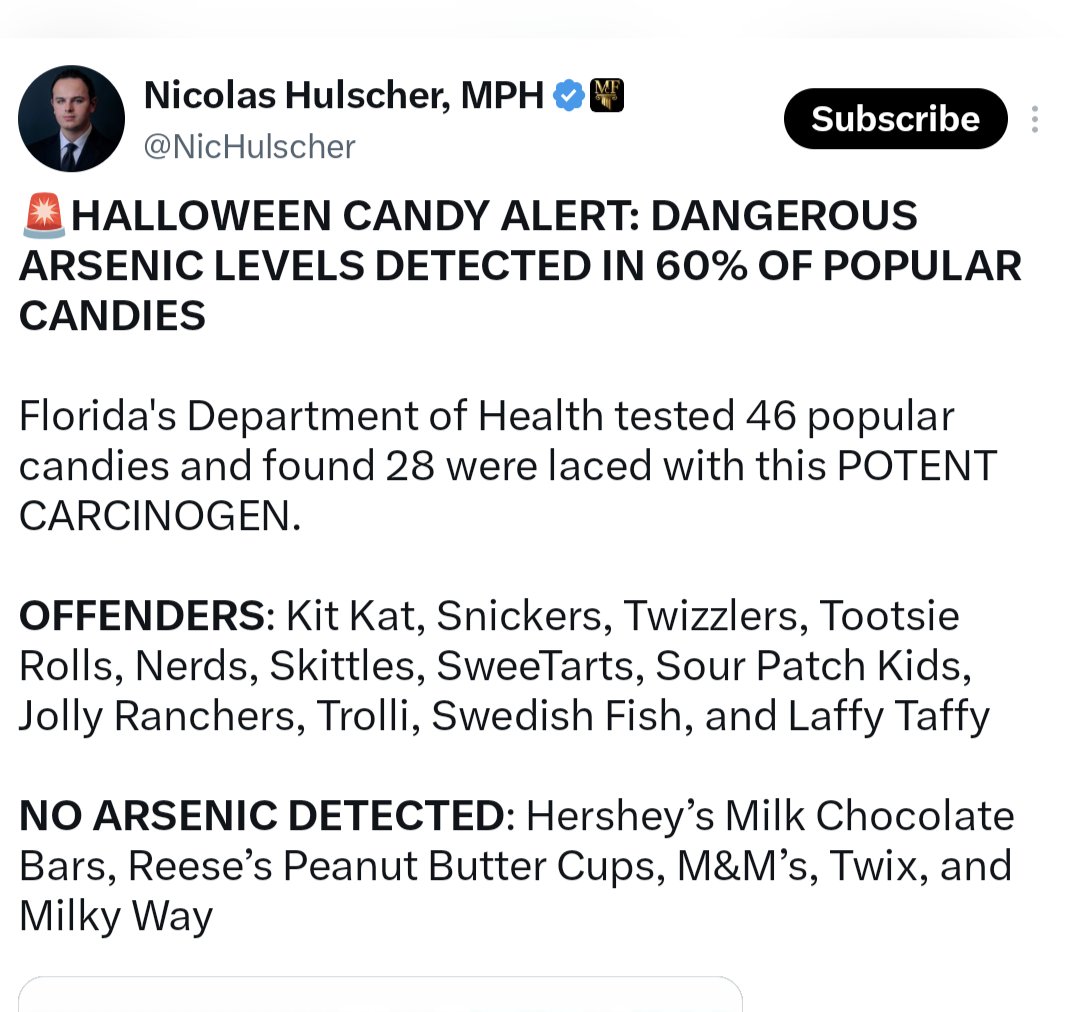 _johnbye's tweet photo. Today on conspiracy X, Dr Guyliner tries to ruin Halloween by implausibly claiming that 60% of sweets have "dangerous levels" of arsenic in them. I'm sure if eating a box of Nerds or a couple of Snickers bars exceeded your annual safe exposure, someone would have noticed. 🙄 https://t.co/y7WntGSsGt