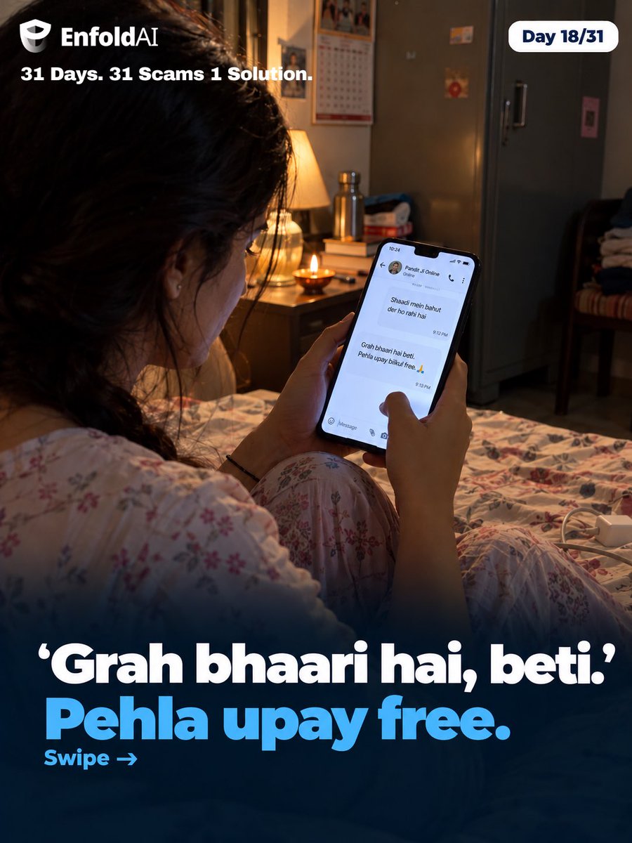 EnfoldAI's tweet photo. "Your stars are against you. First remedy is free."

Then: Shani puja Rs 5,100. Rahu dosh Rs 11,000. Special yagya Rs 25,900.
Rs 42,000 paid. 

Then blocked.

A remedy that keeps costing more isn't a remedy.

#31days31scams #astrologyscam #enfoldai https://t.co/x70MrVGMJS