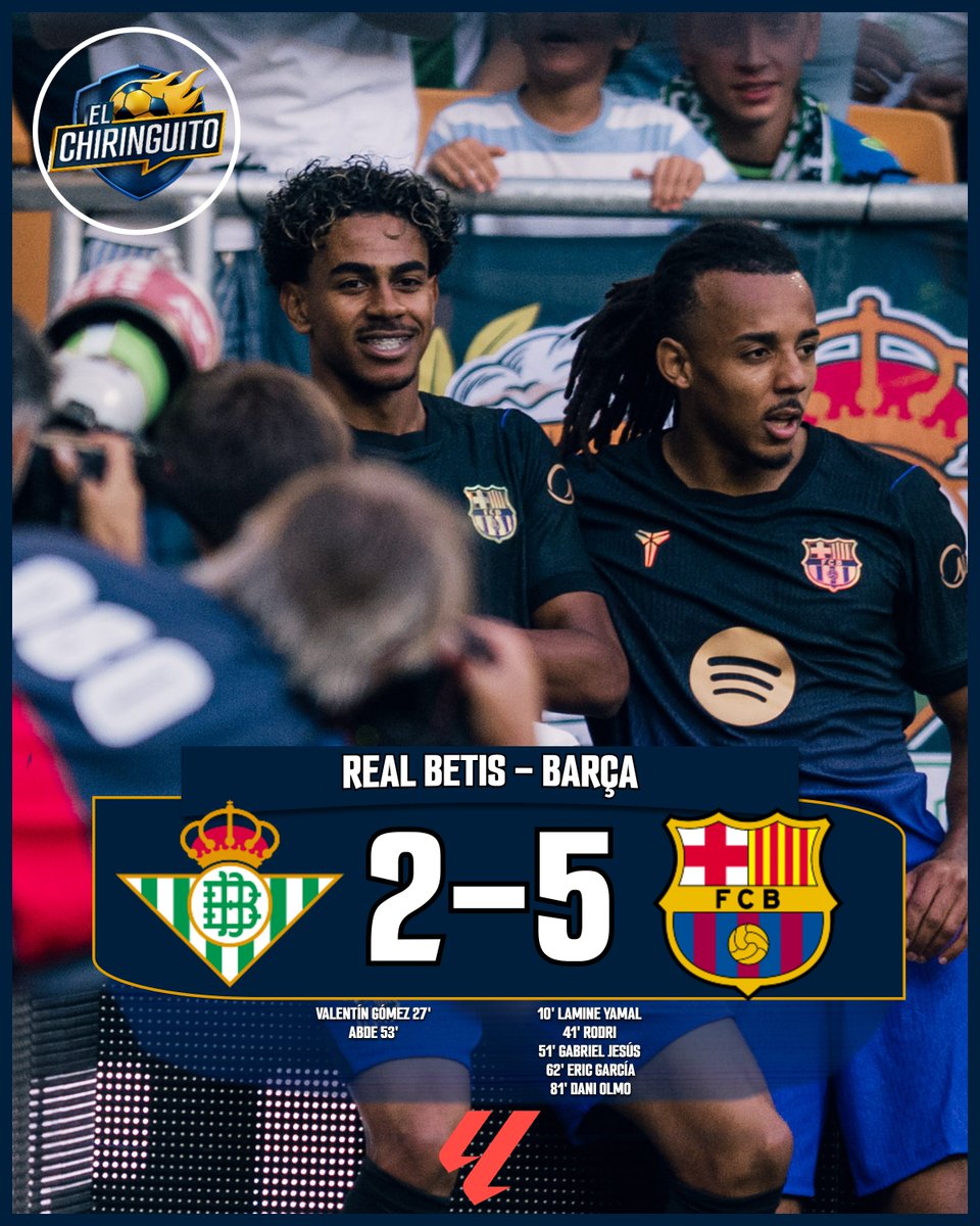 elchiringuitotv's tweet photo. ⏱️ ¡FINAAAL! Otra manita, mucha polémica y tres puntos para el Barça en La Cartuja.

👉 Real Betis 2-5 Barça https://t.co/KSS8YpRIzK