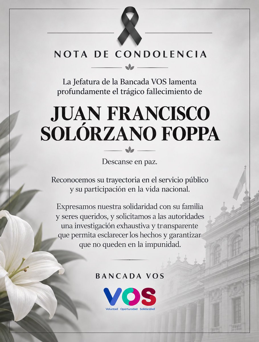 jajofd's tweet photo. Desde la Bancada VOS lamentamos profundamente el fallecimiento de Juan Francisco Solórzano Foppa. Expresamos nuestra solidaridad con su familia y seres queridos, y solicitamos a las autoridades esclarecer los hechos con transparencia y justicia. https://t.co/AaXLujhv8D