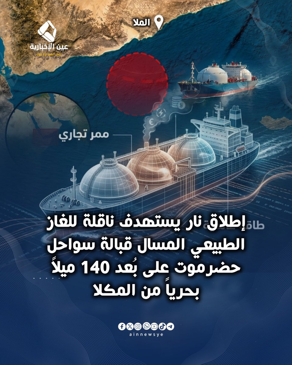 AinYemen's tweet photo. تعرضت ناقلة للغاز الطبيعي المسال، اليوم السبت، لإطلاق نار من زورق صغير يقل سبعة مسلحين، قبالة سواحل محافظة #حضرموت شرقي #اليمن، على بُعد نحو 140 ميلاً بحرياً (259 كيلومتراً) جنوب شرقي مدينة #المكلا، قبل أن يرد فريق الحماية الأمنية المسلحة على متنها بإطلاق رصاصتين تحذيريتين https://t.co/WgXw37QB35