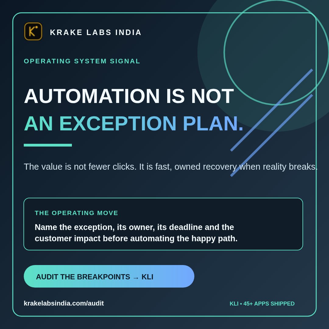 KLIKrakelab's tweet photo. Automation is not an exception plan.

The happy path is easy. Revenue leaks in duplicates, missing data, approvals and handoffs with no owner.

Before automating, name the exception, owner, resolution deadline and customer impact. https://t.co/mAy0gYEfUM