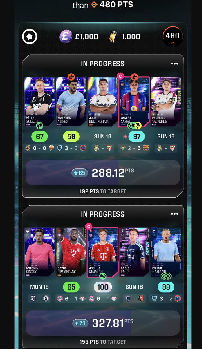 SimplyAlexSR's tweet photo. If either of these teams hit 480 points i'll giveaway: 

1st   125 gems 💎  
2nd 60 gems 💎

To enter:
- Follow @SimplyAlexSR ✅
- Retweet this post ✅
- Comment your Sorare name ✅

ps: I would have already won if swapped GK/FOR 😫

#sorare #mysorarejourney https://t.co/DXVxaHzGTa