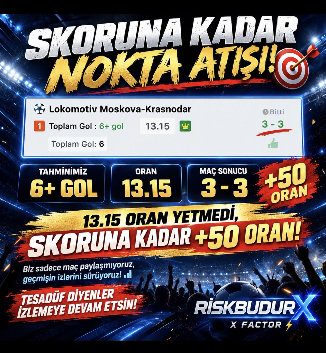 RiskBudurX_'s tweet photo. 🚨 SKORUNA KADAR NOKTA ATIŞI! 🎯🔥

⚽ LOKOMOTİV MOSKOVA – KRASNODAR

🎯 Tahminimiz: 6+ GOL
💰 Oran: 13.15
🏆 Maç Sonucu: 3-3 

🔥 13.15 ORAN YETMEDİ, SKORUNA KADAR +50 ORAN!

Biz sadece maç paylaşmıyoruz, geçmişin izlerini sürüyoruz! 📊

⚡ TESADÜF DİYENLER İZLEMEYE DEVAM ETSİN!

🚀 RİSKBUDURX | X FACTOR ⚡

❤️ BEĞENİ + 🔁 RT

Gerçek analiz görmek isteyenler burada mı? 🔥