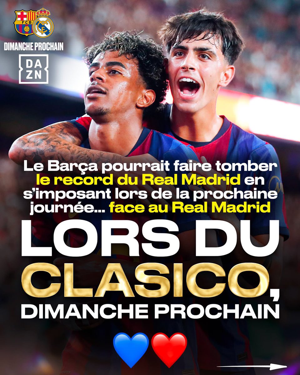 ActuFoot_'s tweet photo. 🚨🚨💣 OH LE TEASING DE FOU…

LE BARÇA PEUT BATTRE LE RECORD DÉTENU PAR LE REAL MADRID (déjà égalé)… LORS DU CLASICO. 🍿

Gagner les 10 premières journées de Liga 🇪🇸 : personne ne l’a jamais fait.

Le Barça a l’occasion dimanche prochain. 💙❤️ https://t.co/kXqIlU64r0