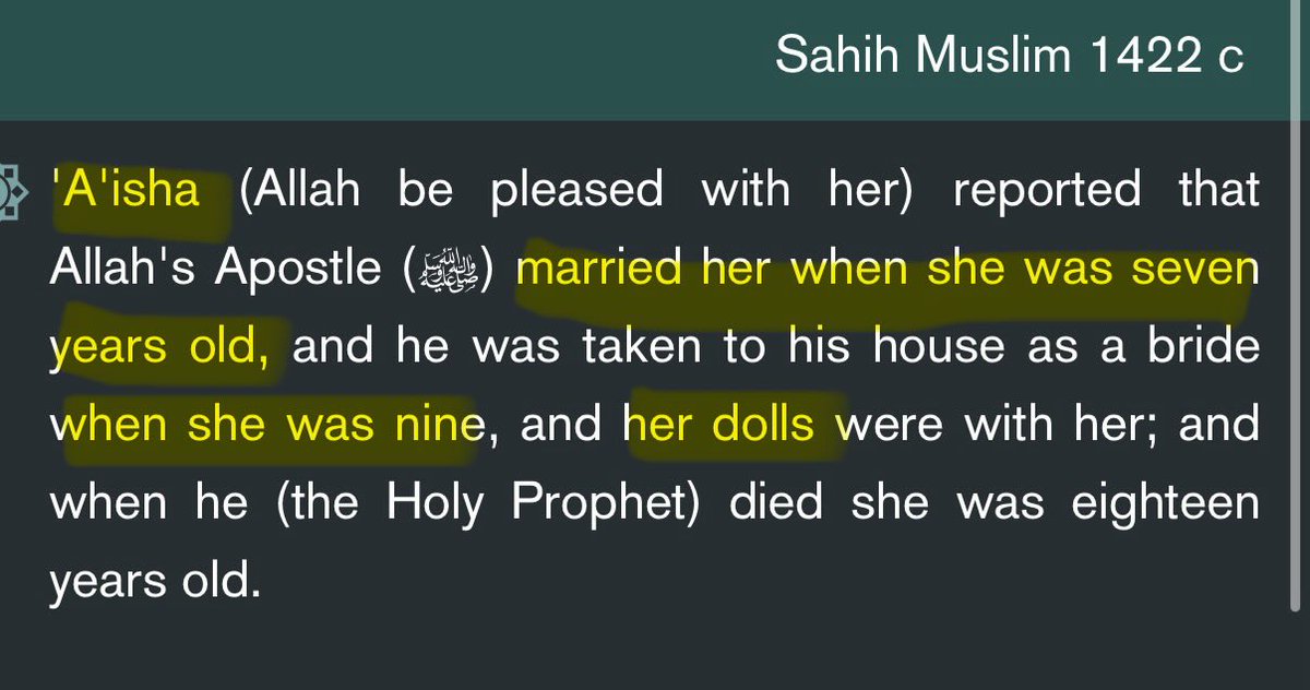 adrian98b's tweet photo. @Muslimah0_0 You know you’re a wicked liar. It is YOUR Hadiths that say only a child who is not mature can play with dolls. Aisha’s dolls were with her with Muhammad took her as a bride and consummated the marriage. What other lies do you have? https://t.co/7knzXS12vD