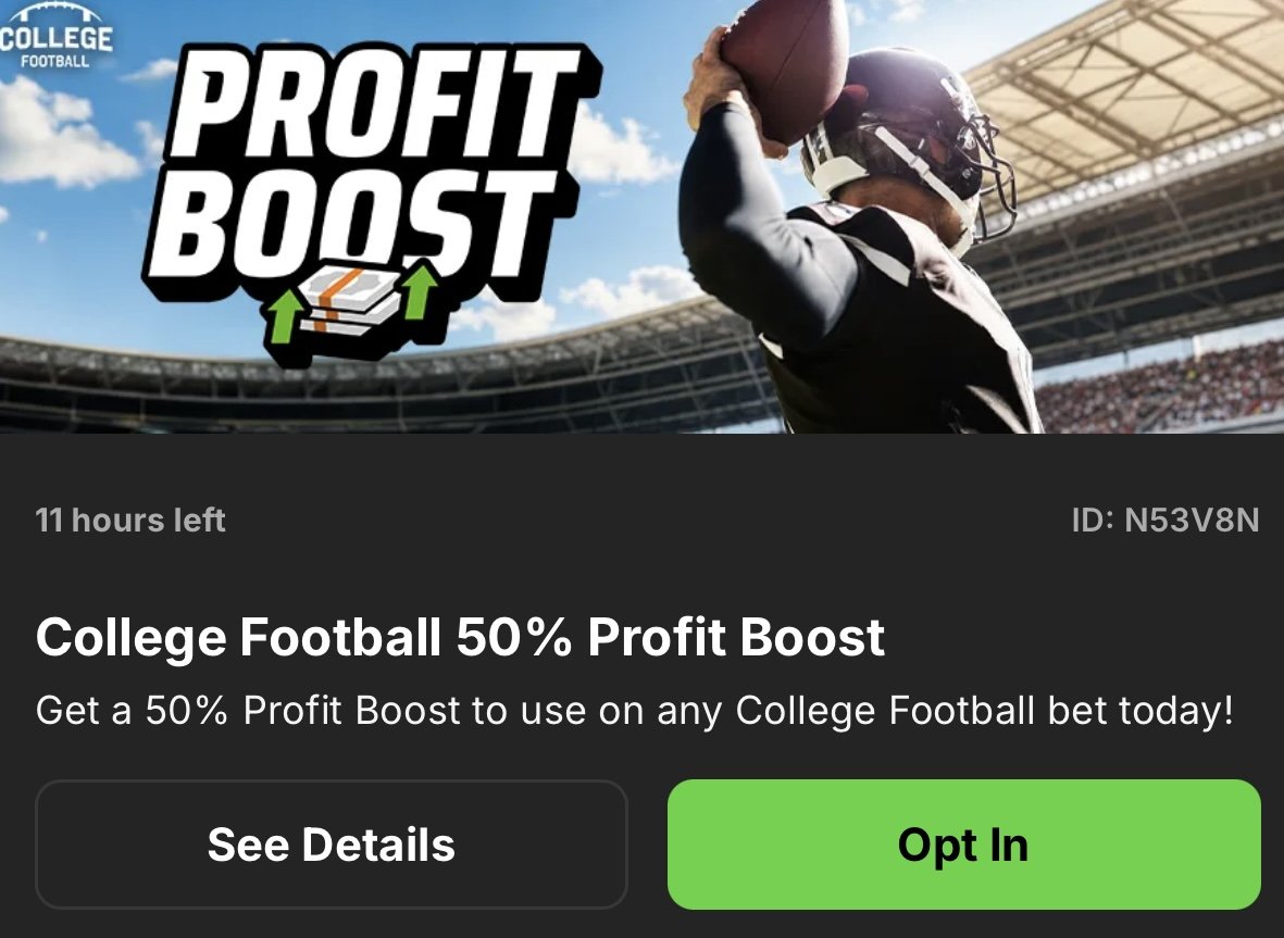 Promos319's tweet photo. Draft Kings 50% College Football Boost Token 🏈

Fair value +200, +25.7% EV. Would go up to 3.1 units 🔥

Link to the bet will be in the replies below ⬇️ https://t.co/1X9QXS0BO1