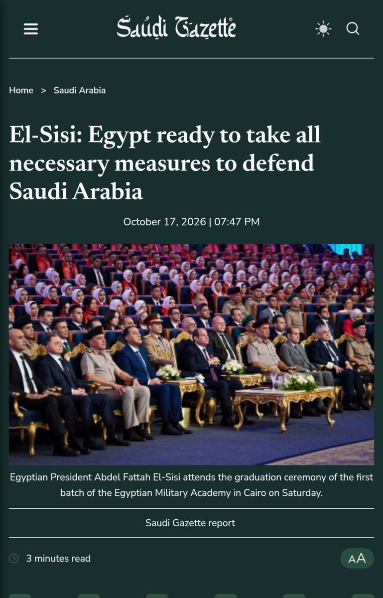 MenchOsint's tweet photo. Sisi 2025: "No one should ask me to gamble with the lives of Egyptians and enter into a conflict to deliver aid to Gaza"

Sisi 2026: "Egypt ready to take ALL necessary measures to defend Saudi Arabia"

Again, Sunni leaders seem to care more about oil revenues than Muslim blood.. https://t.co/uIoj6T5vws
