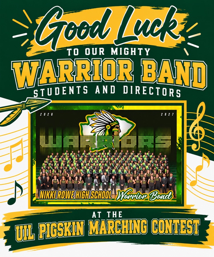 Rowe006's tweet photo. Good luck to our Mighty Warrior Band students and directors at today's UIL Pigskin Marching Contest! 🥁🎺 Make Warrior Nation proud! 💚💛

#WarriorPride #MightyWarriorBand https://t.co/iqAgfkt7Ep