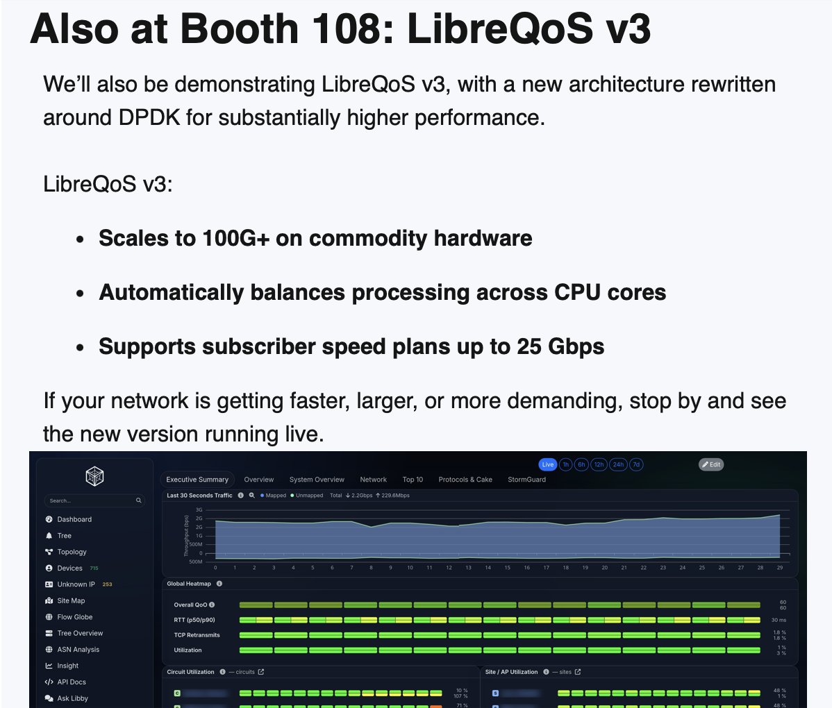 LibreQoS's tweet photo. See #WISPPlanner: https://t.co/pZ6Pk1PQXd and #LibreQoS v3 live at #WISPAPALOOZA by @WISPAnews  - Booth 108!

​We’ll also be demonstrating LibreQoS v3, with a new architecture rewritten around #DPDK for substantially higher performance. 

#bufferbloat #latency #jitter #QoE #ISP https://t.co/yvf4Fi2WlN