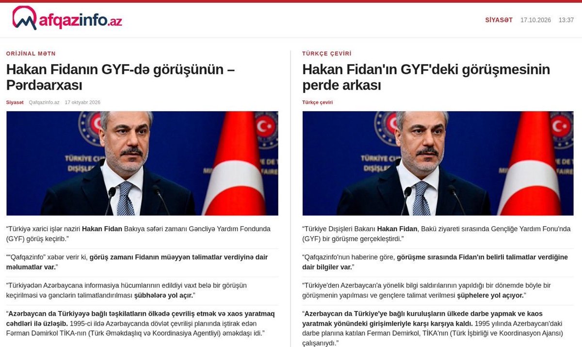 misvakcaps's tweet photo. Önce iftira attı, asılsız çıkınca sildi!

Kafkazinfo, Dışişleri Bakanı Hakan Fidan’ı Azerbaycan’da komploculuk, darbe ve istihbarat faaliyetleri yapmak ile suçladığı haberi sildi.

Bu iftiracı soytarılar hakkında hem Azerbaycan'da hemde Türkiye'de adli işlem yapılmalı ve kırmızı bültenle yakalama kararı çıkarılmalıdır!