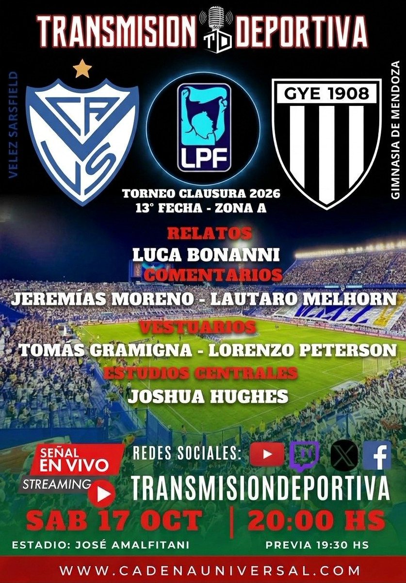 TransmisionDep1's tweet photo. #Vélez 🆚️ #GimnasiaMza

Sábado 

Previa: 19.30 
Partido: 20.00 

🎙RELATOR: LUCA BONANNI
🗣 COMENTARISTAS: JEREMIAS MORENO - @Lautaro4032
🔵⚪️VESTUARIO VELEZ: TOMÁS GRAMIGNA
⚫️⚪️VESTUARIO GIMNASIA MZA: LORENZO PETERSON
💻 ESTUDIOS CENTRALES: @jjh_666 https://t.co/26GwRyps8O