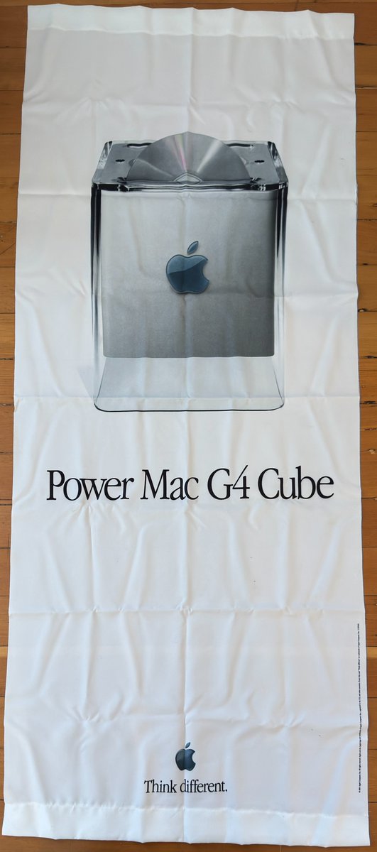 ANTHROBOTIC's tweet photo. Selling my old Power Mac G4 Cube "Think Different" promotional banner. 24 × 58 inches. 2001 vintage, made by @Apple. The identifier is L12934A. Is this the right place to post this? ¯\_(ツ)_/¯  ...maybe?! Someone who'd appreciate it should have it. Yay.

https://t.co/n9z8uaXL0w https://t.co/SIUdBXPwvA
