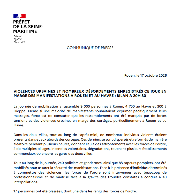 Prefet76's tweet photo. Bilan de ce samedi de mobilisation au Havre et à Rouen avec, en marge des manifestations, des violences urbaines et de nombreux débordements ↩️ https://t.co/wSgQpVRrYI