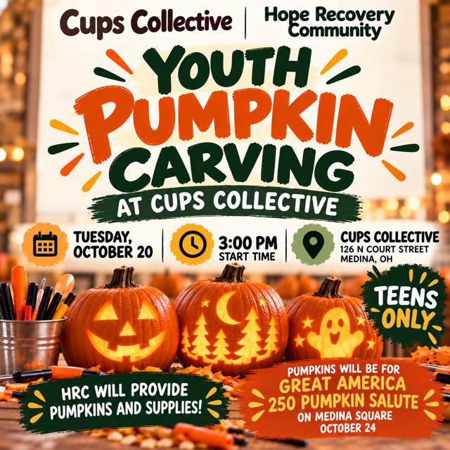 HRC_Medina's tweet photo. TEENS ONLY PUMPKIN CARVING!  Join Cups Collective and Hope Recovery Community for a FREE afternoon of pumpkin carving!

📅 Tuesday, October 20
⏰ 3:00 PM
📍 Cups Collective
126 N. Court Street, Medina, OH

HRC will provide all pumpkins and carving supplies! https://t.co/AHhakSCDfV