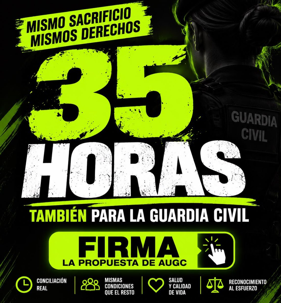AUGC_Comunica's tweet photo. ⏰ Este domingo 25 atrasamos el reloj y todos ganamos una hora.

A los guardias civiles nos deben 109. Cada año. 😤

📊 Las cuentas de la jornada:
🏛️ 109 horas más que la Administración y las Fuerzas Armadas
🚓 250 horas más que el turno 6x6 de la Policía Nacional
🪑 Y el funcionario civil de la mesa de al lado, en la propia Dirección General, ya trabaja 35

🕰️ Hay relojes que se atrasan una hora. El nuestro lleva 12 años parado.

📨 AUGC lleva al Consejo de la Guardia Civil su propuesta: 35 horas, turno 6x6 definitivo, índices correctores como la Policía Nacional y DAS sin límite mensual.

✍️ ¿Cómo y dónde?
1️⃣ En un clic: AUGC la presenta en tu nombre y recibes justificante por correo 👉 https://t.co/544f44htoE
2️⃣ O descárgala, cubre tus datos y envíala a 📧 consejopropuestas@guardiacivil.org (sin conducto reglamentario)

🔥 Que este cambio de hora sea el último en que seguimos siendo el último cuerpo pendiente 💚

#35HorasGC #Turno6x6 #CambioDeHora #GuardiaCivil #AUGC