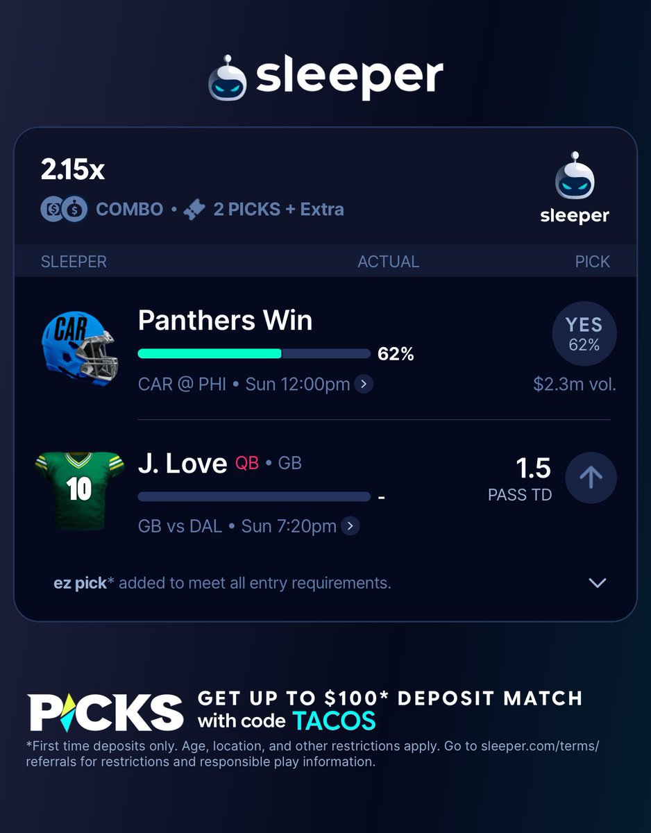 BrittanyDaqoi's tweet photo. You can now do combo picks on Sleeper 👀 

It's about damn time 👏

🏈 Panthers ML 
🏈 Jordan Love o1.5 pass TDs

I can't share a tail link, though? Incredibly dumb but whatever 🤷‍♂️

DONT MISS THE NEXT PLAY.
JOIN THE DISCORD TO UNLOCK 🔓 ALL FREE PICKS 👇👇

https://t.co/CEMCD0lgZA

Lfg 🔥 @Playbook

#NBA 🏀 | #WNBA | #CBB 🏀 | #Fanduelparlays 🔐 | #PROPS | #POTD 📋 | #Picks | #MLB ⚾ | #Gambling𝕏 | #Parlay