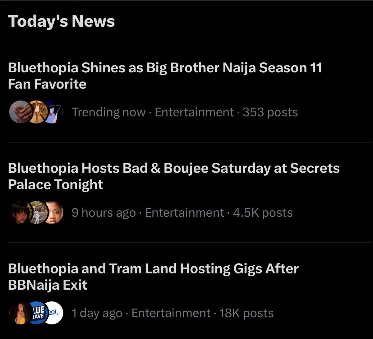 ThatITgirlie's tweet photo. Three solid Trending headlines all about Bluethopia.

Even daddy Elon knows who’s the clout magnet 🔥🔥🔥

BLUETHOPIA X SECRET PALACE 
BLUETHOPIA THE HOST 

#Bluethopia
#BBNaija https://t.co/oBQw2Au62s