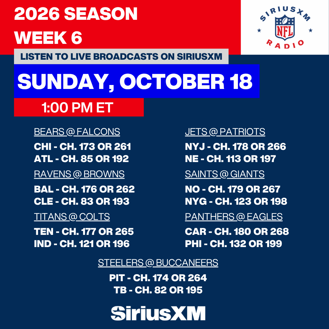 SiriusXMNFL's tweet photo. Spend Week 6⃣ on @SiriusXM ‼️

Don't miss LIVE play-by-play of EVERY key moment with your hometown announcers in EVERY game, plus analysis &amp; postgame guests ⤵️

🏈 THE SUNDAY DRIVE
⏰ 1-8 PM EASTERN
🎙️ @JudgeTorre &amp; @BillLekas
📻 @SiriusXMNFL CHANNEL 88
🔗 https://t.co/lsCmVCXbUu https://t.co/CVsV1FPCso