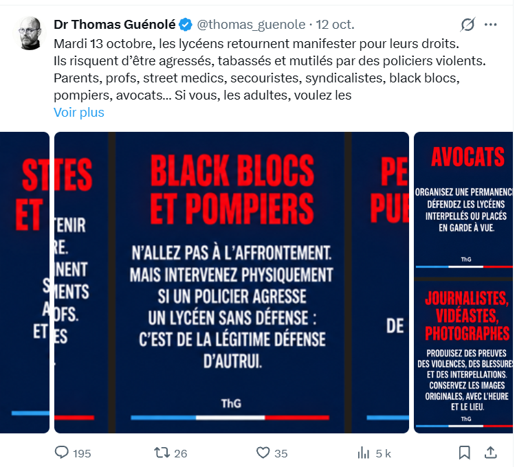 christo76113245's tweet photo. Mr le ministre
@NunezLaurent
,cette personne sous son masque est
@thomas_guenole
il fait partit des instigateurs aux emeutes aux cotés de l'extrême gauche ,depuis plusieurs jours il lance des appels sur ses reseaux sociaux aux blacks blocs et de s'en prendre aux service de police https://t.co/wna8U36Jhz