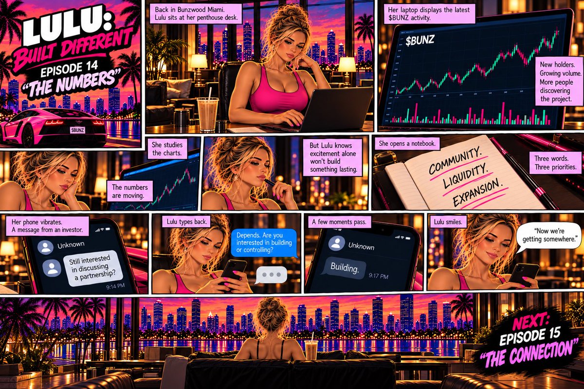 BUNZonHOOD's tweet photo. LULU: BUILT DIFFERENT 💗

Episode 14 - “The Numbers”

Back in Bunzwood Miami, Lulu sits at her penthouse desk.

Her laptop displays the latest $BUNZ activity.

New holders.
Growing volume.
More people discovering the project.

She studies the charts.

The numbers are moving.

But Lulu knows excitement alone won’t build something lasting.

She opens a notebook.

COMMUNITY.
LIQUIDITY.
EXPANSION.

Three words.
Three priorities.

Her phone vibrates.

A message from an investor.

“Still interested in discussing a partnership?”

Lulu types back.

“Depends. Are you interested in building or controlling?”

A few moments pass.

“Building.”

Lulu smiles.

“Now we’re getting somewhere.”

NEXT: Episode 15 - “The Connection”