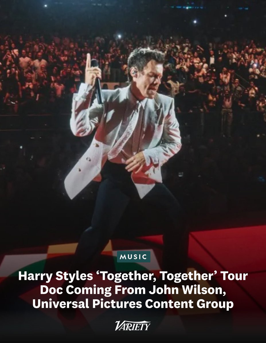 Variety's tweet photo. EXCLUSIVE: Harry Styles has teamed up with John Wilson and Universal Pictures for a "Together, Together" tour documentary. 

The doc is expected to blend live performances with a glimpse into Styles’ world. One source described it as featuring authentic human stories of everyone involved in the tour —from the singer and his fans to countless others behind the scenes.

https://t.co/pIGtu235kT