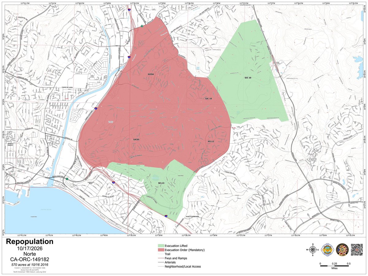OCFireAuthority's tweet photo. #NorteFire Evacuation Update

• San Clemente Zone 13: Full repopulation. Residents may return home.

• San Juan Capistrano Zone 10: Partial repopulation, limited to the Stallion Ridge community, San Juan Hills High School, and the landfill off La Pata. >>> https://t.co/Pw5lULbPcb