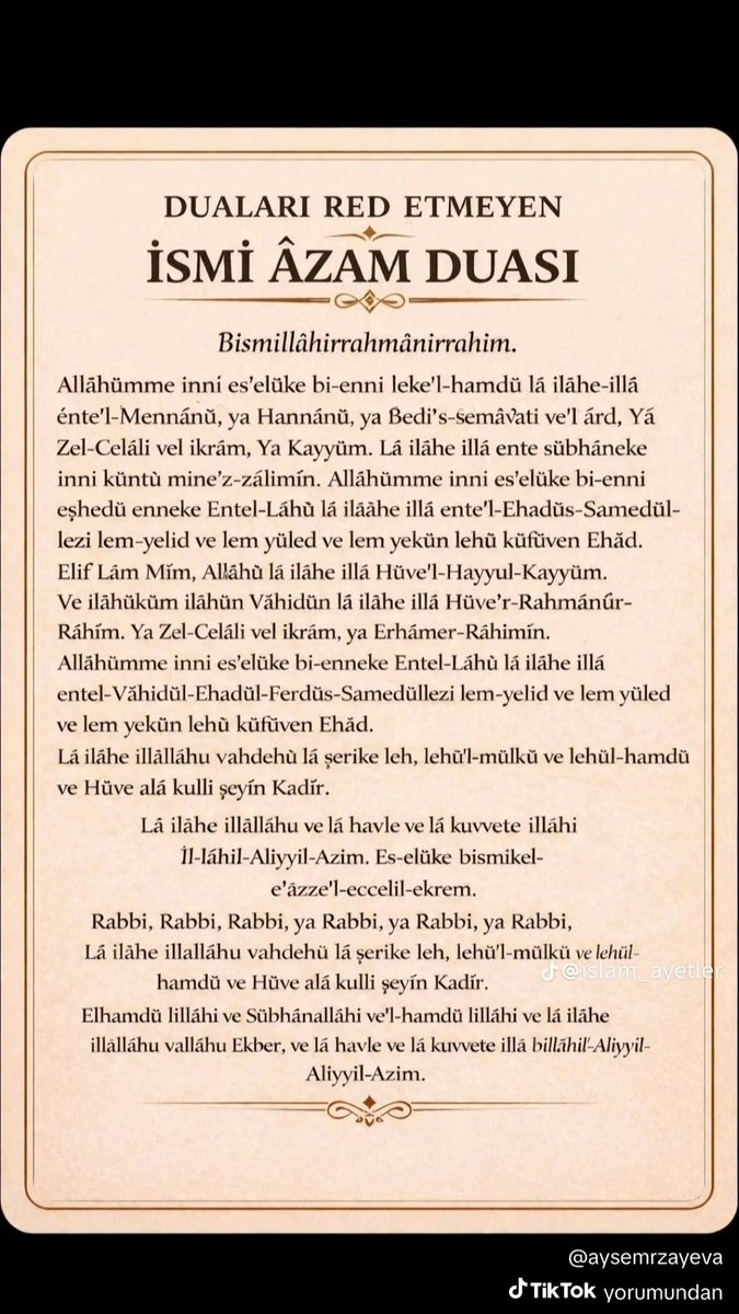 rotidanismanlik's tweet photo. Toplaşınnnn yeni etkinliğimizi anlatıyorum dua edeceğiz. 😄 En az bu dua kadar etkili başka bir şey daha buldum geri dönüşlerle dm’mi doldurmuştunuz geçen sefer şimdi hep beraber bu duayı deniyoruz. 

Tiktok’ta İnstagramda her yerde bir kaç gündür karşıma çıkıyordu ben de bu kadar çok çıktığına göre yapmalıyım demek ki diye yorumladım. Duanın ismi “İsm-i Azam” kim bu duayla dileğini dilerse kabul oluyormuş geri dönüş yorumlarını okudum inanılmazdı. Ben ritüeldi bilmem neydi saçma sapan ne olduğu belli olmayan hurafelerdi hiç sevmem ne istenecekse bizzat dua ile allahtan istenmeli diye düşünürüm. Kimileri önce hacet namazı kılıp okuyor kimileri de sadece duayı okuyor ve dileğini diliyor İş isteyen aşk isteyen sağlık isteyen kim her nerde varsa denemeli, detaylar da da kaybolmayın nasıl yapacağız diye bence niyet her zaman esastır denenir.