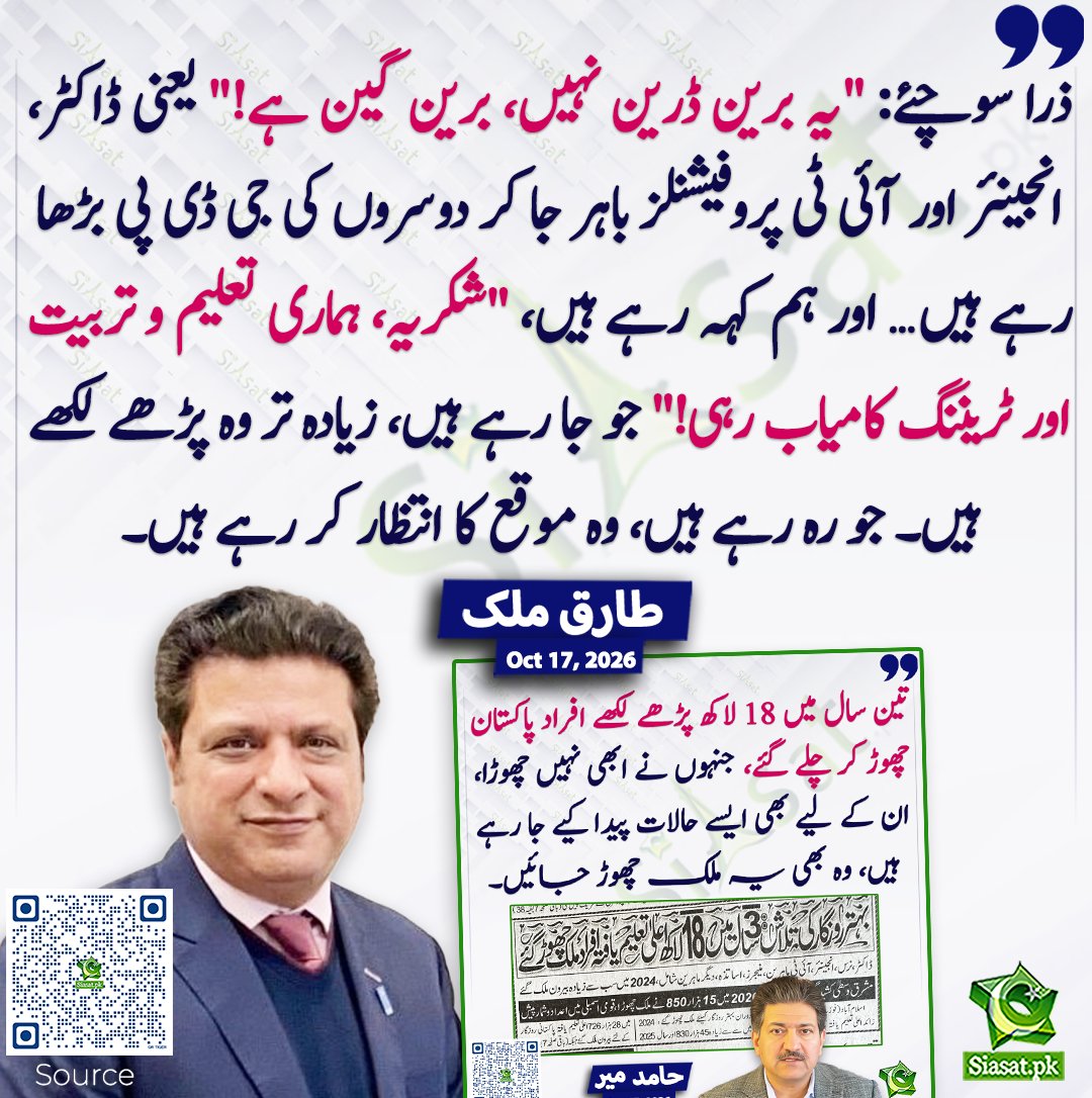 siasatpk's tweet photo. ذرا سوچئے: "یہ برین ڈرین نہیں، برین گین ہے!" یعنی ڈاکٹر، انجینئر اور آئی ٹی پروفیشنلز باہر جا کر دوسروں کی جی ڈی پی بڑھا رہے ہیں… اور ہم کہہ رہے ہیں، "شکریہ، ہماری تعلیم و تربیت اور ٹریننگ کامیاب رہی!" جو جا رہے ہیں، زیادہ تر وہ پڑھے لکھے ہیں۔ جو رہ رہے ہیں، وہ موقع کا انتظار کر رہے ہیں۔ طارق ملک
#pakistan @ReplyTariq 
خبر کا سورس لنک جاننے کیلئے QR Code سکین کریں۔۔