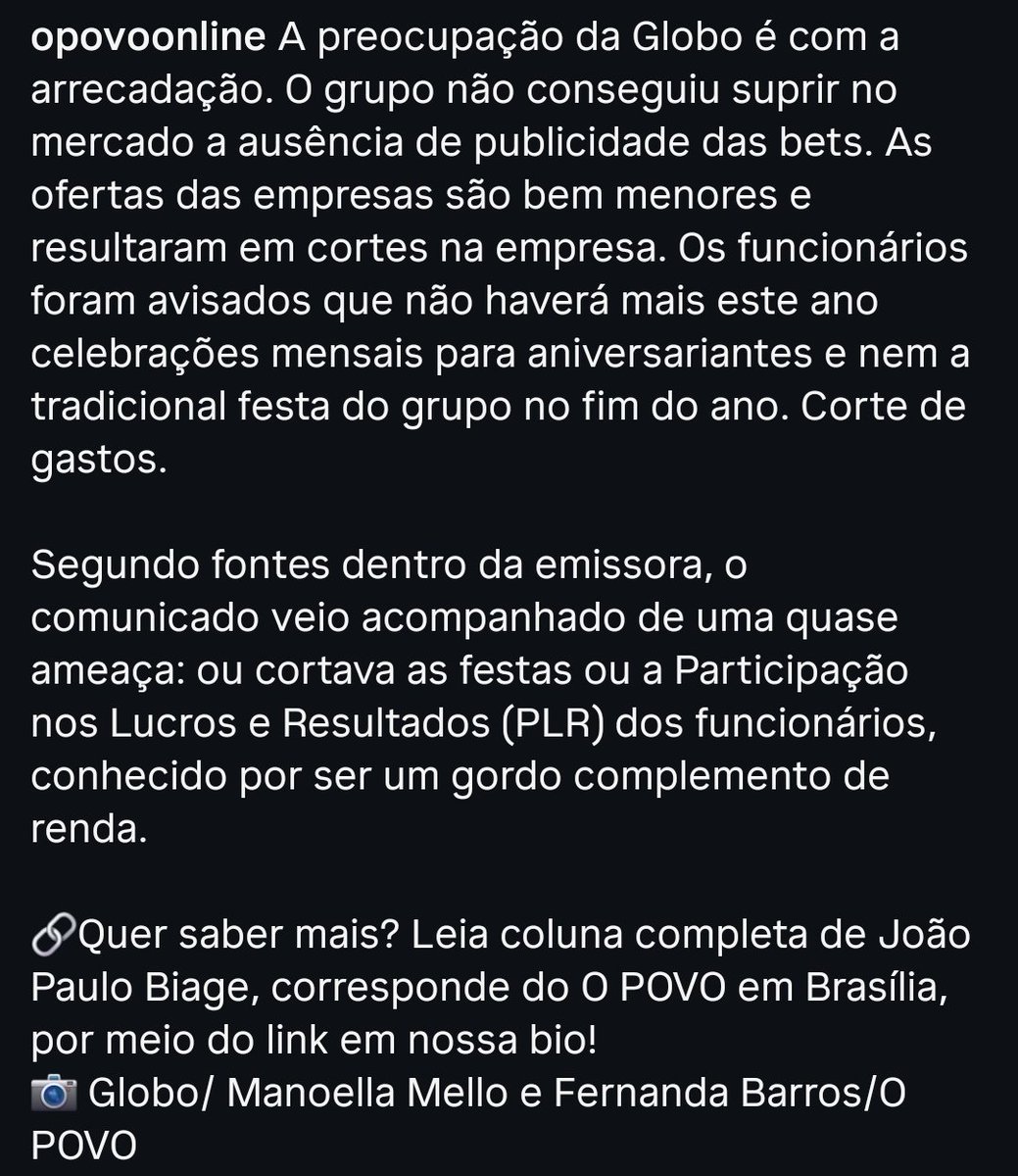 lira_georgia's tweet photo. 🚨 DESMASCARADOS

O @ptbrasil precisa agir imediatamente!

A Rede Globo e Flávio Bolsonaro são desmascarados na coluna de João Paulo Biage do Jornal O Povo.

A coluna revela o desespero financeiro da emissora com o fim das bets. As bets, que destruíram famílias, foram encerradas pelo governo @LulaOficial, levando-os a procurar Flávio Bolsonaro.

A coluna revela que Flávio Bolsonaro e sua equipe se comprometeram, caso eleito, com a volta das Bets e revisão da escala 6x1.

O Grupo Globo atuou e contou com uma emenda intitulada "emenda Globo", rejeitada pela relatora, que retirava benefícios de contratados por empresas de comunicação.

Se isso não é crime, não sei o que é.

@AndreJanonesMG
