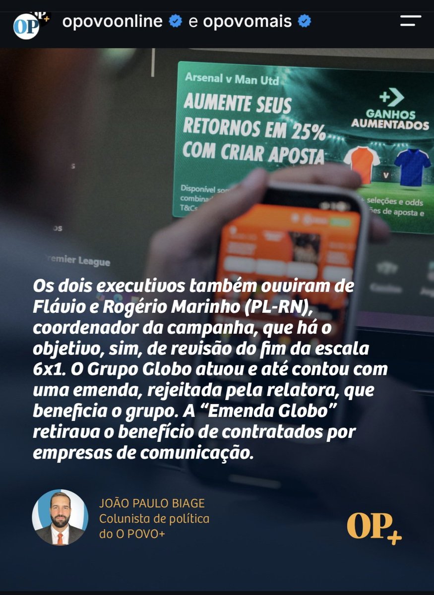 lira_georgia's tweet photo. 🚨 DESMASCARADOS

O @ptbrasil precisa agir imediatamente!

A Rede Globo e Flávio Bolsonaro são desmascarados na coluna de João Paulo Biage do Jornal O Povo.

A coluna revela o desespero financeiro da emissora com o fim das bets. As bets, que destruíram famílias, foram encerradas pelo governo @LulaOficial, levando-os a procurar Flávio Bolsonaro.

A coluna revela que Flávio Bolsonaro e sua equipe se comprometeram, caso eleito, com a volta das Bets e revisão da escala 6x1.

O Grupo Globo atuou e contou com uma emenda intitulada "emenda Globo", rejeitada pela relatora, que retirava benefícios de contratados por empresas de comunicação.

Se isso não é crime, não sei o que é.

@AndreJanonesMG