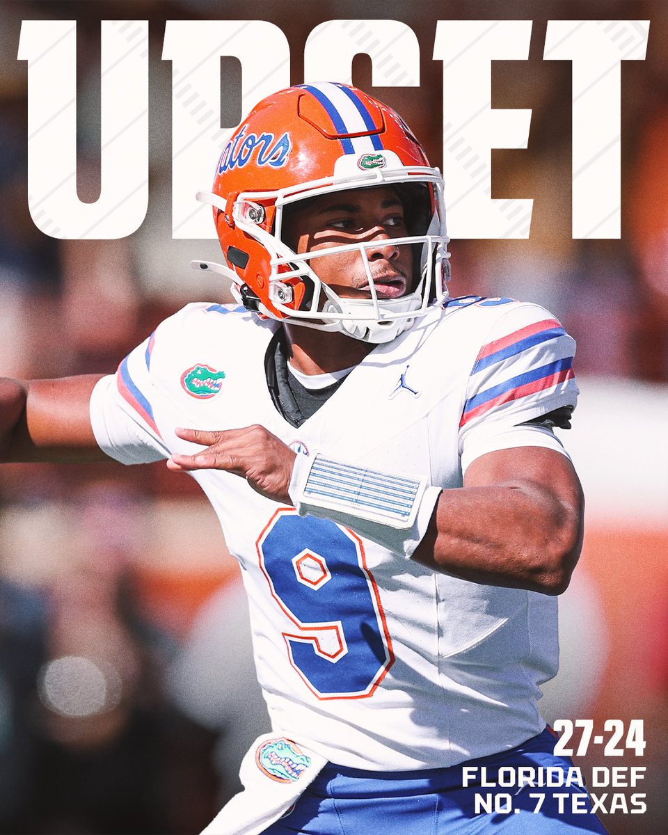 espn's tweet photo. FLORIDA STUNS NO. 7 TEXAS IN AUSTIN! 🤯

The Gators erase a 17-3 deficit by scoring 24 straight points, handing Texas its second straight loss! https://t.co/BqCT7klmsG
