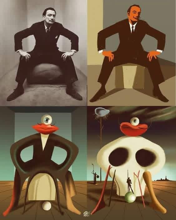 pmamtraveller's tweet photo. a four-part deconstruction and stylistic evolution of the famous 1948 portrait of surrealist artist Salvador Dalí, illustrated by Italian artist Riccardo Guasco https://t.co/veU6NxT3ql