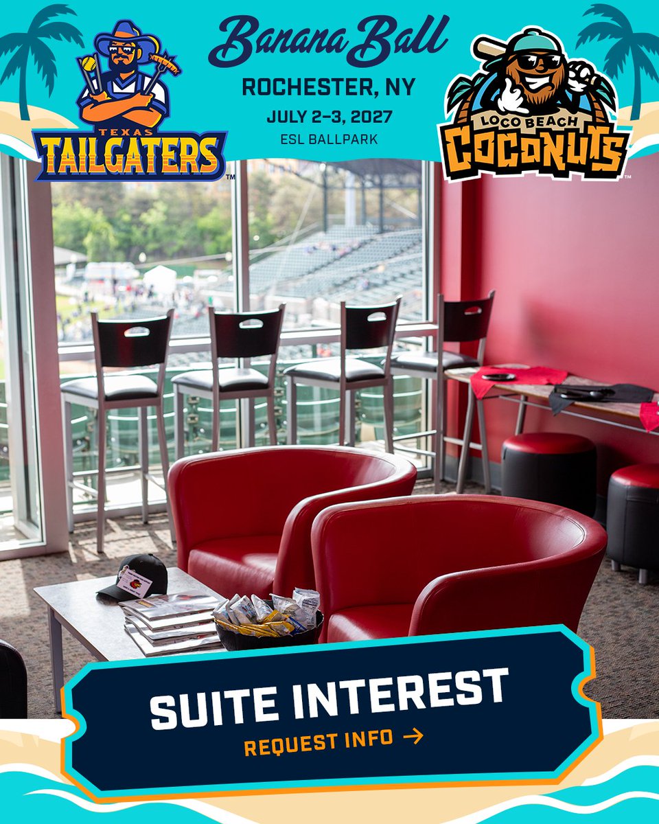 RocRedWings's tweet photo. Join the suite waitlist → https://t.co/fwPA2JkcgD

Your favorite people. Your Banana Ball crew.

Interested in a suite for your crew?
Texas Tailgaters vs. Loco Beach Coconuts.
ESL Ballpark, Rochester | July 2–3, 2027.

Joining does not reserve a suite. https://t.co/Zl5wN0NtdT