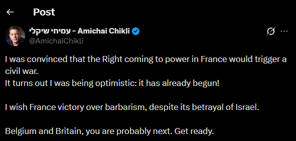 clashreport's tweet photo. Israeli Diaspora Affairs Minister says a civil war has begun in France.

He says Belgium and Britain are next. https://t.co/FxrVnBtQbx