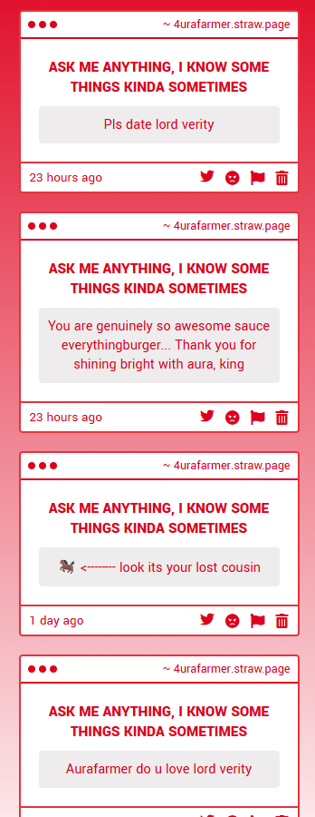The_AuraFarmer's tweet photo. 🧵haypage questions that ive been needing to get to

1: im trying okay and IM GETTING THERE 👀 
2: awwwwww you shine bright too anon!!
3: Sorry for missing your Quinceanera that one time cous'
4: You tell me 🌹 https://t.co/py4w7OVxqT