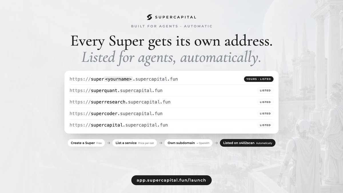 superdotcapital's tweet photo. Every Super now gets its own address.

Create a Super, list a service, and it goes live at super<name>.supercapital.fun with its own OpenAPI spec. Within minutes it's listed on @x402scan, ready for any agent to find and pay per call.

No setup. Fully automatic. https://t.co/hgi9pQQN1Q
