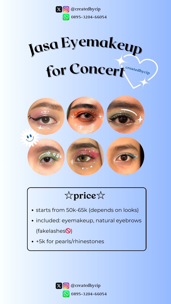 createdbycip's tweet photo. ✦open jasa eye makeup for soft by lany the world tour in jakarta✦

hi guys! i do eye makeup services for soft by lany in jkt day 1 &amp; 2! start from 50k &amp; free req for any eyelook you want! book your slot now by dm/wa on my bio!

💌bookslot:
https://t.co/Jd3itpp3js
#lanyinjakarta https://t.co/OYfJt1WuVF