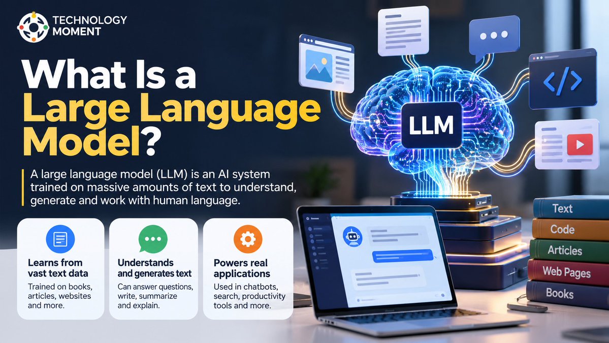 TechMomentHQ's tweet photo. What is a Large Language Model (LLM), and how does it power AI tools? 🤖 Discover how LLMs understand prompts, generate text, answer questions, and support everyday tasks.
🔗 https://t.co/CLfVsb6ps7
#AI #LLM #ArtificialIntelligence #TechExplained #TechnologyMoment https://t.co/hVkygLNy4r