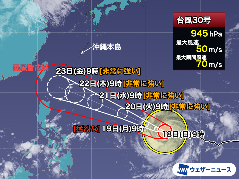 wni_jp's tweet photo. 【台風情報】
10月18日(日)9時現在、非常に強い台風30号(チャンパー)はグアム島付近を通過し西に進んでいます。
今夜〜明日は一時的に「猛烈な」勢力まで発達し、週後半は沖縄の南に達する予想です。先島諸島を中心に影響が出るとみられます。
https://t.co/tel6Yxs4i3 https://t.co/Ez4sP6F2Mw