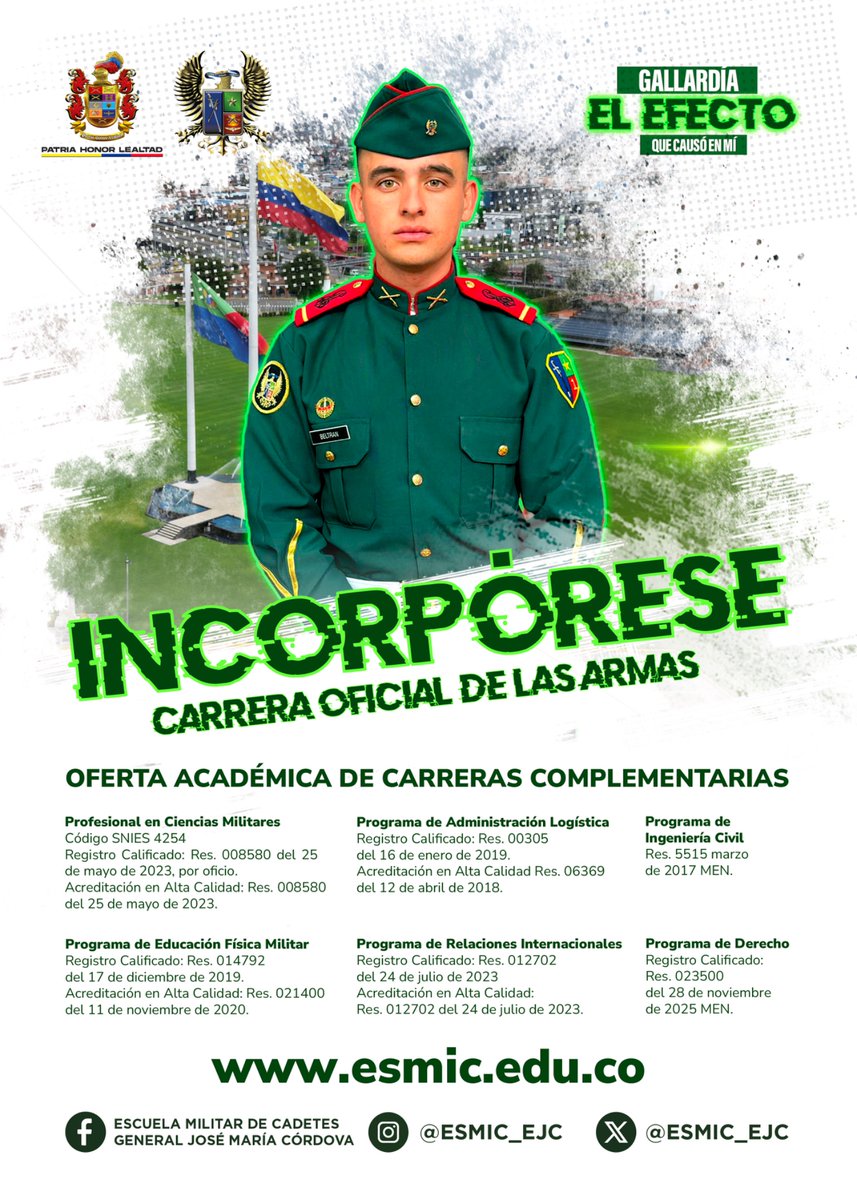 COL_EJERCITO's tweet photo. #IncorpóreseAlEjército | Hay profesiones que se eligen; existen caminos que se convierten en
propósito. Construya desde hoy un proyecto de vida guiado por el liderazgo, la preparación
constante y el compromiso con Colombia.

Enlace de inscripción: https://t.co/wbSUNrFnw3

Línea de información: 350 4046245 | @ESMIC_EJC