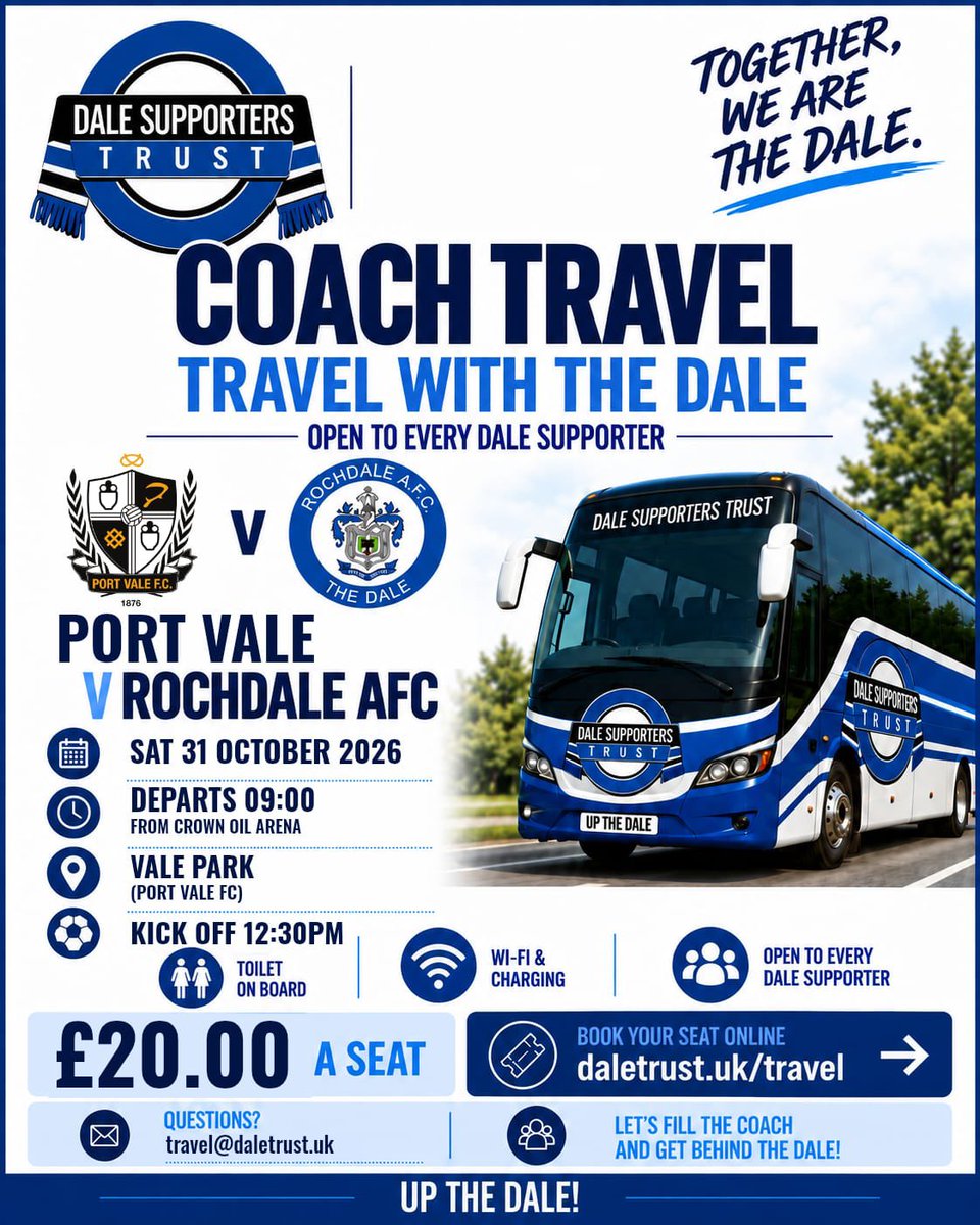 daletrust's tweet photo. Coach bookings are now open for our trip to Port Vale! 🚌 
Contact Emma on travel@daletrust.uk or click here - https://t.co/S1rNk4mTjQ - to book ⚽️💙 https://t.co/uvc57IG1GQ