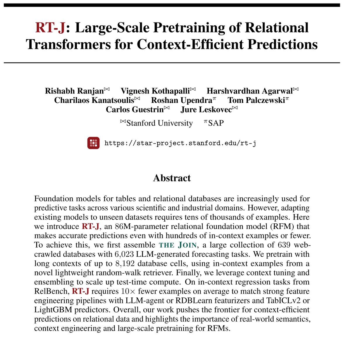 christopher's tweet photo. Interesting release by @jure Leskovec's group: RT-J (86M "relational transformer" ) and THE JOIN, a web-crawled corpus of 639 relational databases with 6K forecasting tasks. (data and models on @huggingface) https://t.co/fSrytpcRXp