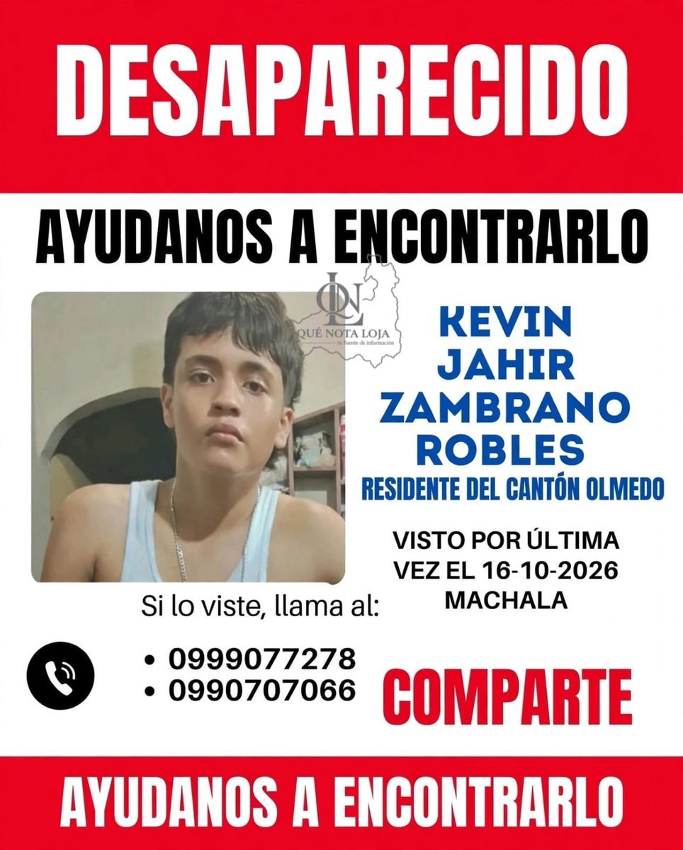 AmandyMacedo_RT's tweet photo. #ElOro #Machala
 Kevin Jahir Zambrano Robles, de 16 años, está desaparecido desde la tarde del viernes 16 de octubre. Según sus familiares, salió a comprar y no ha regresado a casa
El adolescente estudia en el colegio República del Perú
📞 Si tienes información  0990707066 https://t.co/veOqhu4MYC