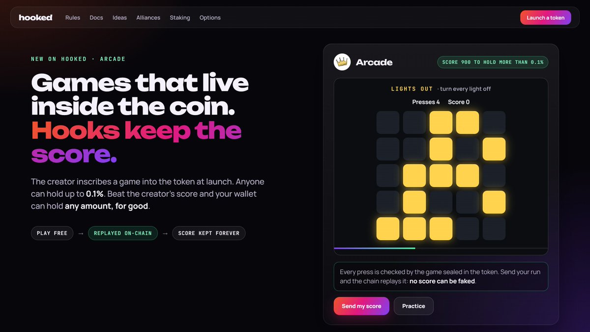 Hoookedpad's tweet photo. Hooked tokens can now ship with a game inside it

the creator inscribes a game into the coin at launch. it's sealed on-chain and can never change

anyone can hold up to 0.1% of the supply. beat the creator's score they set and your wallet can hold any amount, for good

every run is replayed on-chain by the token's own game, so no score can be faked. your best score is kept forever, and the hook reads it on every buy

selling is never touched by your score

launch one: https://t.co/RHQzLbjhu8 → Arcade