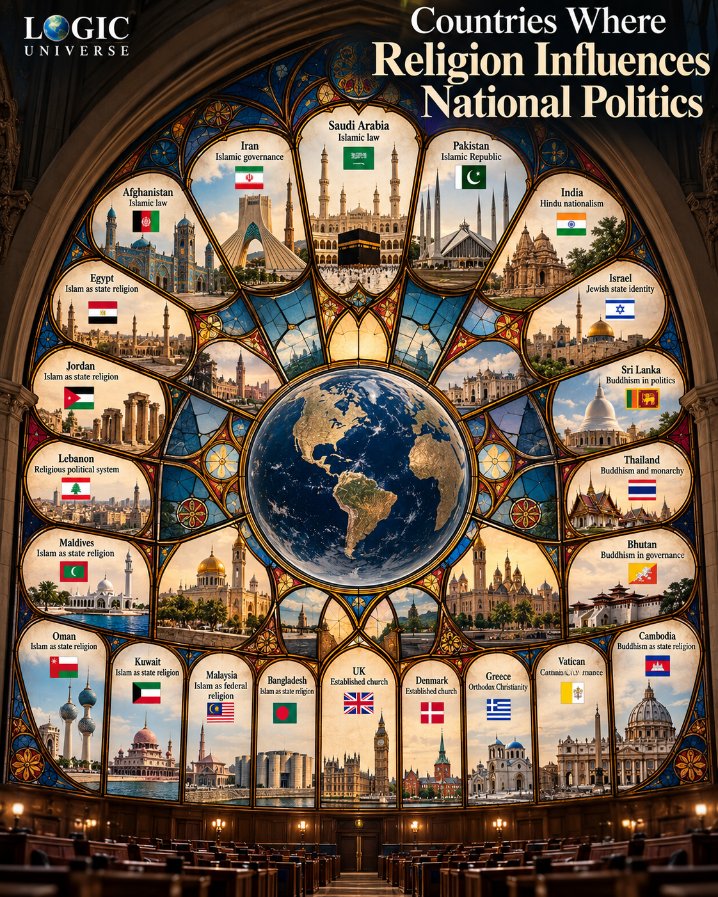 LogicUniv's tweet photo. 🌍 Countries Where Religion Influences National Politics

🇮🇷 Iran — Islamic governance
🇸🇦 Saudi Arabia — Islamic law
🇵🇰 Pakistan — Islamic Republic
🇮🇱 Israel — Jewish state identity
🇮🇳 India — Hindu nationalism
🇬🇧 UK — Established Church of England
🇧🇩 Bangladesh — Islam as state religion
🇲🇾 Malaysia — Islam as federal religion
🇻🇦 Vatican City — Catholic Church governance
🇦🇫 Afghanistan — Taliban's interpretation of Islamic law
🇪🇬 Egypt — Islam as state religion; Sharia principles guide legislation
🇲🇻 Maldives — Islam as state religion and citizenship requirement
🇱🇰 Sri Lanka — Buddhism 
🇧🇹 Bhutan — Buddhism 
🇹🇭 Thailand — Buddhism
🇰🇭 Cambodia — Buddhism 
🇩🇰 Denmark — Evangelical Lutheran Church as established church
🇬🇷 Greece — Eastern Orthodox Christianity has constitutional recognition
🇱🇧 Lebanon — Political representation structured around religious communities
🇯🇴 Jordan — Islam as state religion
🇴🇲 Oman — Islam as state religion
🇰🇼 Kuwait — Islamic Sharia is a main source of legislation
🇧🇳 Brunei — Islamic monarchy and Sharia-based legislation