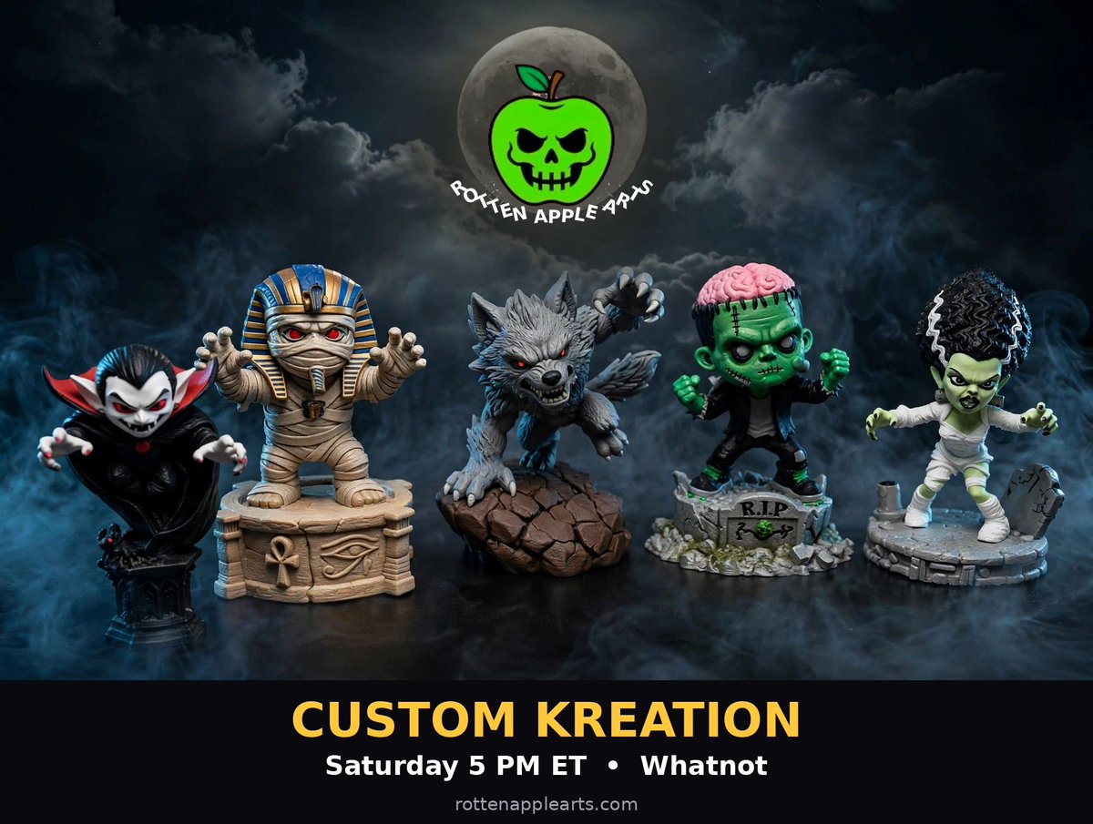 RottenAppleArts's tweet photo. We're LIVE on Whatnot — come hang out! 🧟 3D prints and a huge selection of Pops: horror, anime, Marvel, Star Wars, exclusives &amp; chases. https://t.co/VgjNmkhiSL https://t.co/B5TAerTcNX https://t.co/QK4eNyHTfF