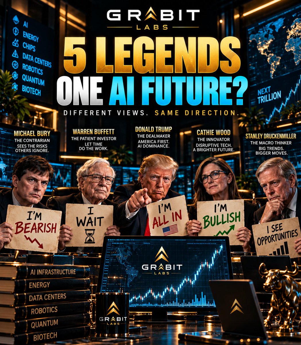Grabitlabs's tweet photo. 5 legends. 5 different views. 👀

Michael Burry is bearish. Warren Buffett is waiting. Cathie Wood is bullish. Trump is betting on American AI dominance. Stanley Druckenmiller is looking for the next big opportunity.

Everyone sees the market differently. But who’s actually right?

AI, chips, energy, data centers. There’s a lot happening right now, and I think the next few years could get pretty interesting.

Who are you backing? 👇

https://t.co/AhsOH2PLRX

#grabit #reach #explore #StockMarket #investing
