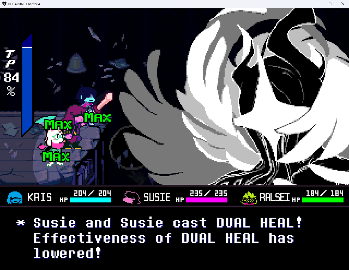 deltarunebugs's tweet photo. When casting Dual Heal on the Titan Spawns or Titan fights, it will say "Susie and Susie cast DUAL HEAL!" https://t.co/RDeyiIOHBN